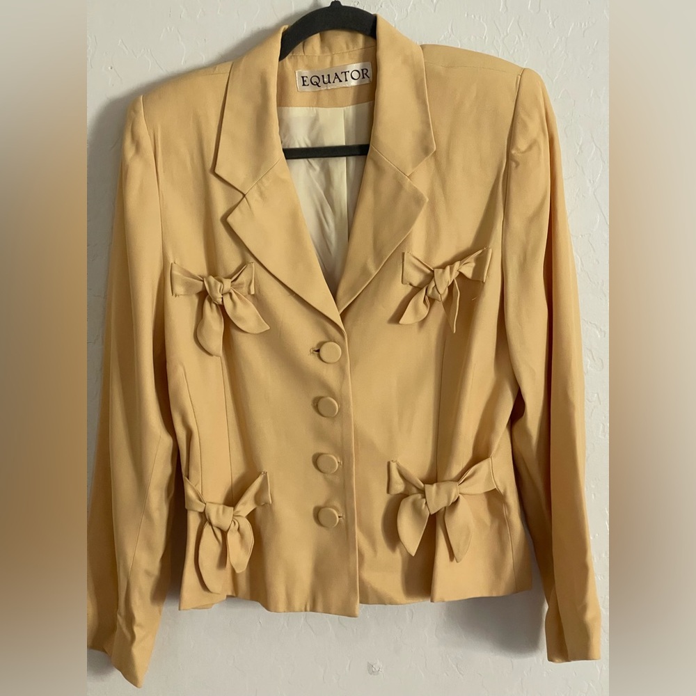 Tan Blazer with Bow Details and Classic Lapel